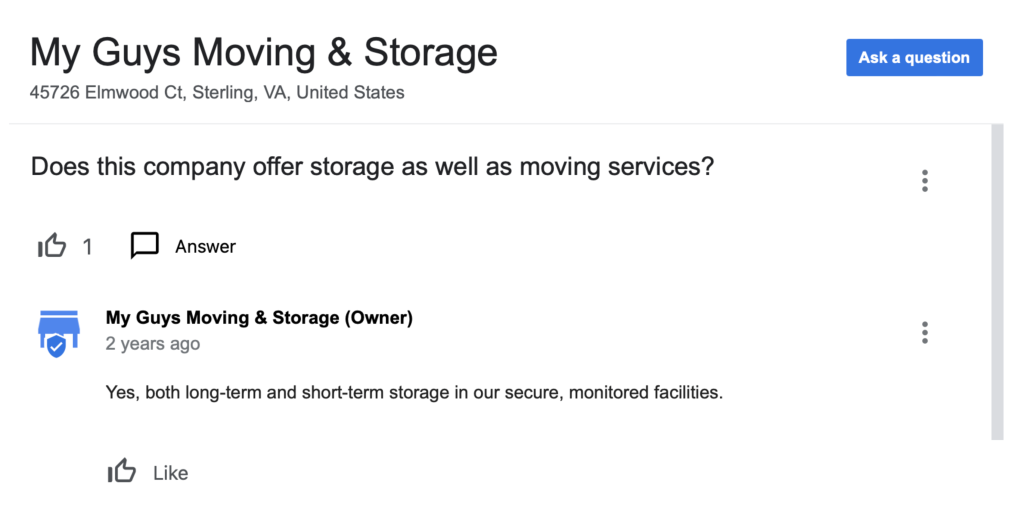  A moving company's GMB profile Q&A section with a detailed answer about different service options options.