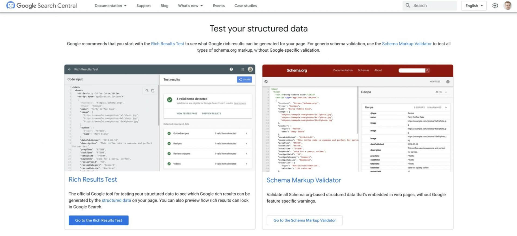  A screenshot of Google’s Structured Data Testing Tool showing the results of a schema validation