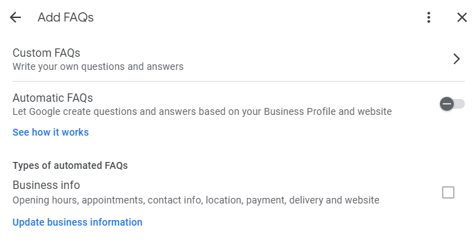 A screenshot of how to create and populate your Q&A section for Google My Business