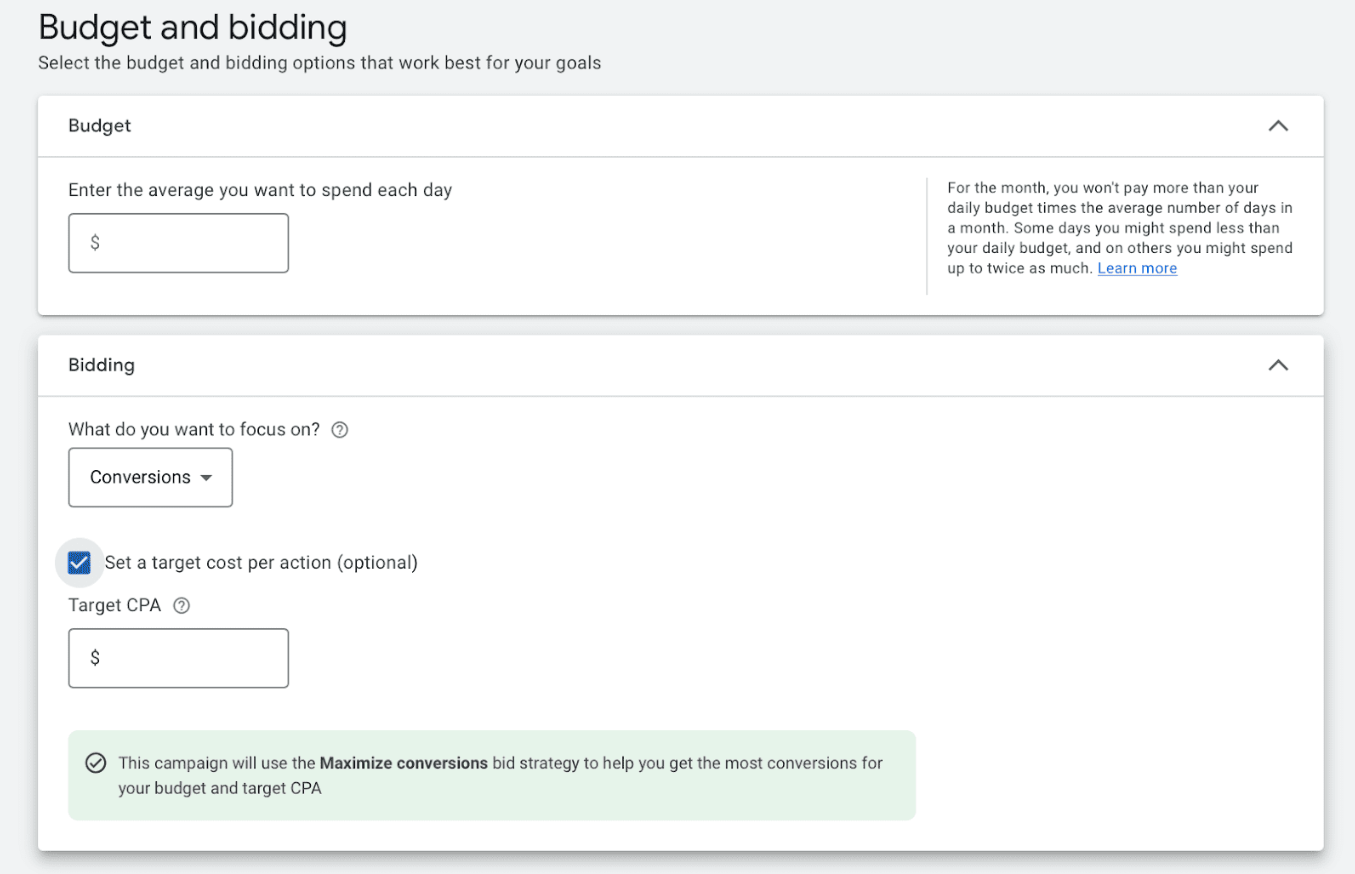 A screenshot of the process of setting up your Ads Budget Spend