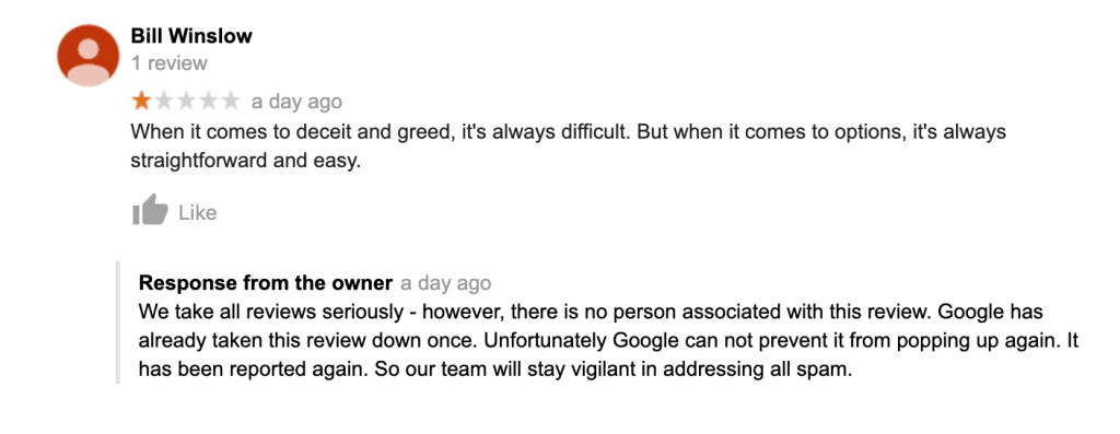 A screenshot showcasing the dangers of buying fake google reviews for your Google My Business Profile