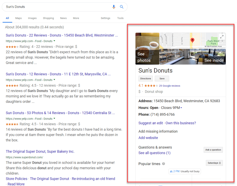 A visual representation of a Google search result with rich snippets displaying additional business information due to schema markup