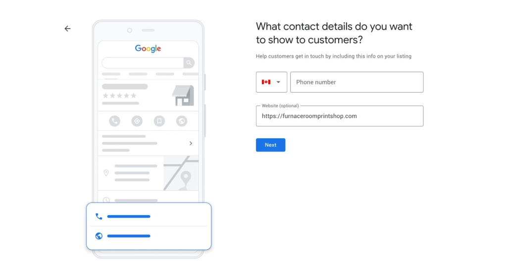 A screenshot demonstrating the process of adding a business phone number to a Google My Business Page