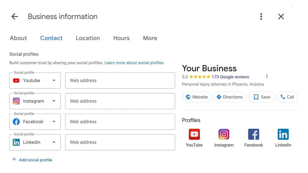 Screenshot of the process of adding Social Media Accounts to your Google My Business Profile 