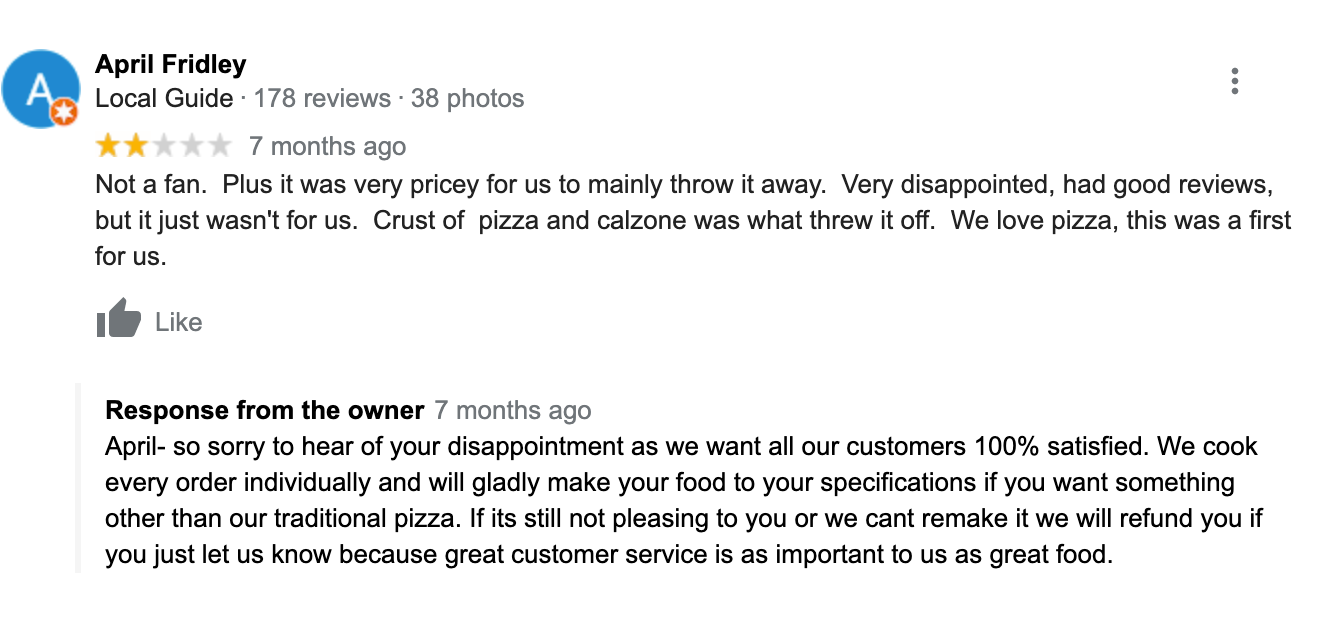 An example of a professional response to a negative review on Google Maps