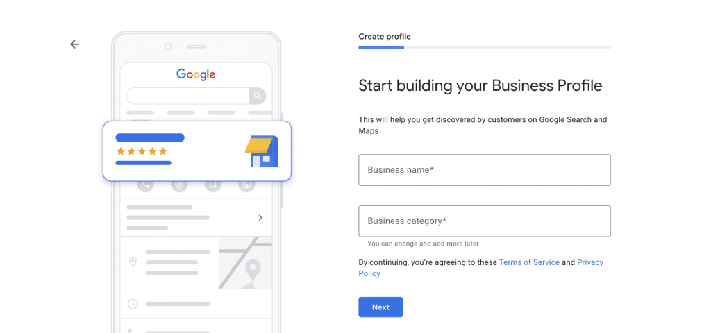 A screenshot of the process of creating a Google My Business Profile specifically during the Name and Category selection page 