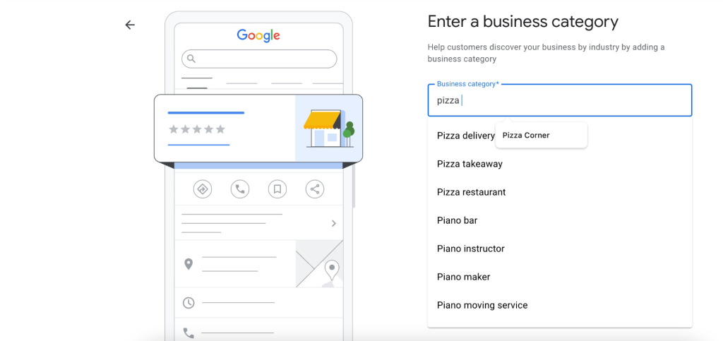 Image of Google My Business (GMB) category selection screen