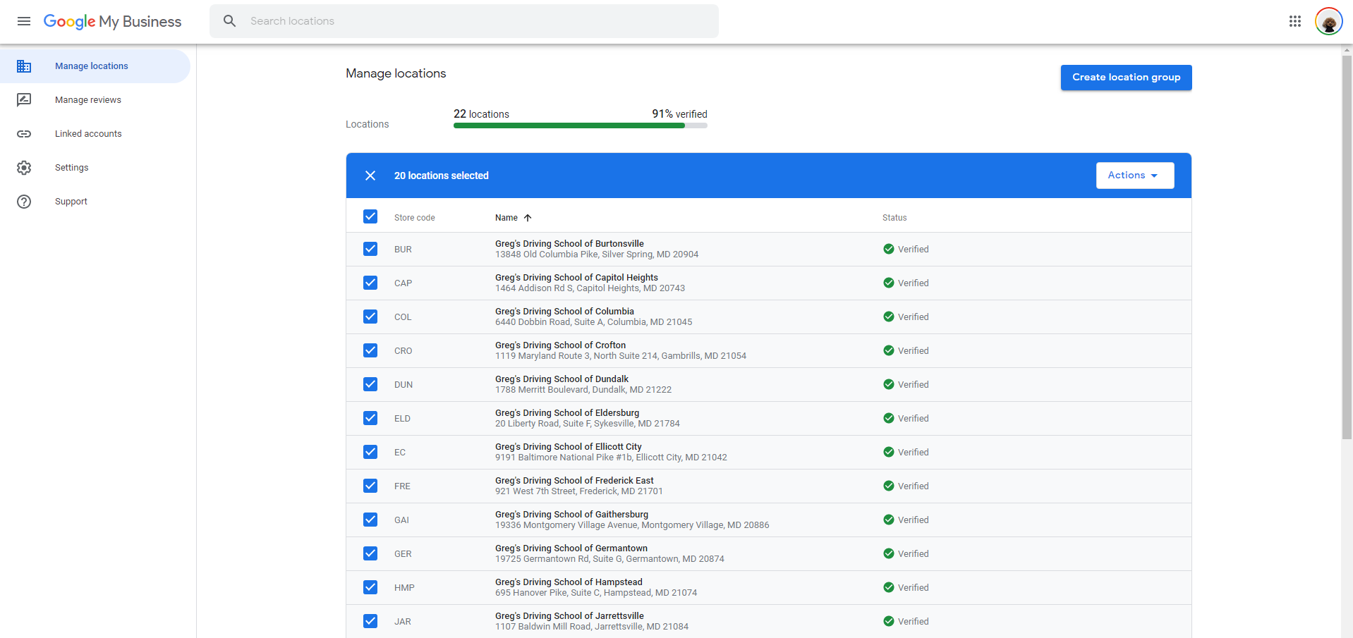 A GMB account managing multiple profiles in various locations