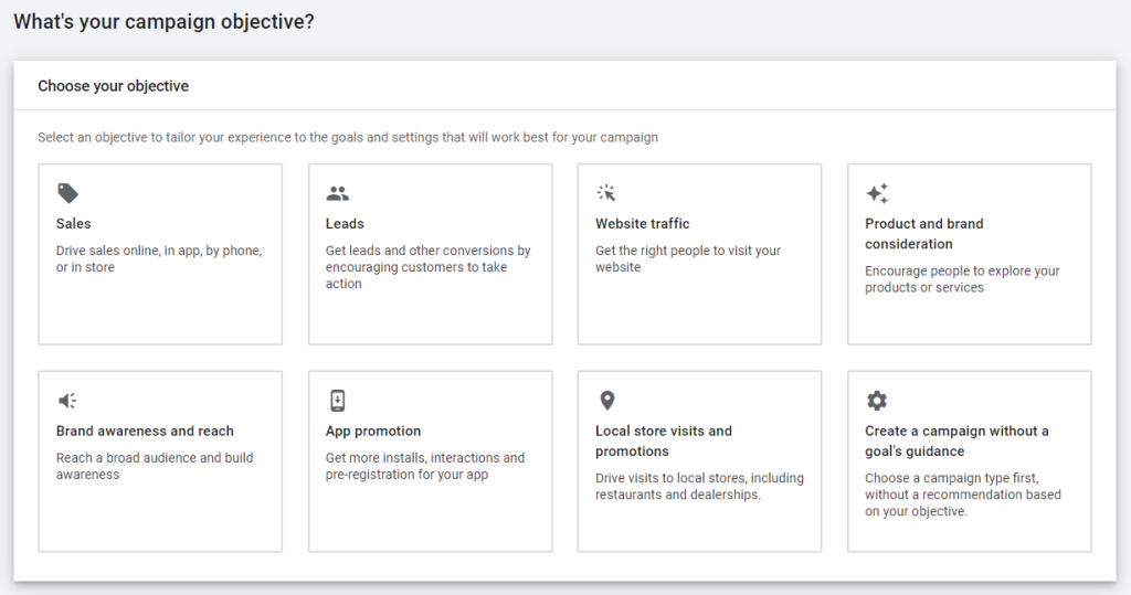 A screenshot of the process of choosing a campaign type for Google Ads