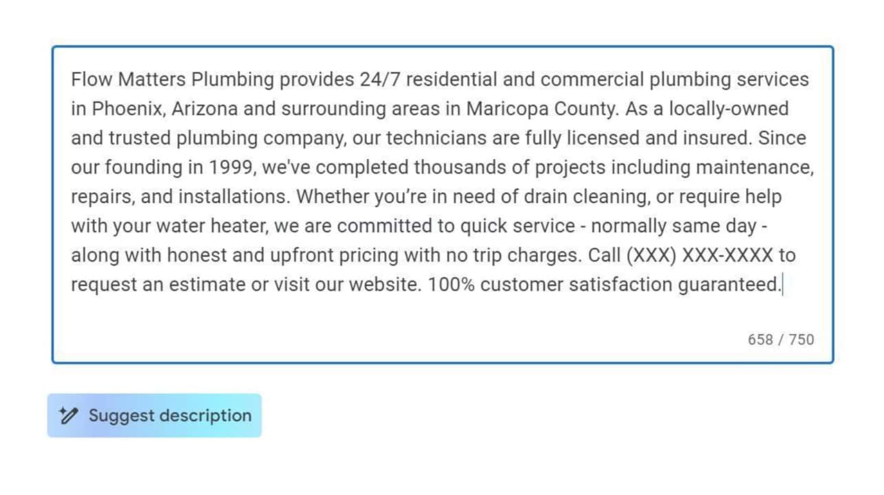 An optimized GMB business description highlighting the effective use of local keywords to help attract more visitors to Google Business profile. 