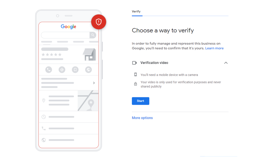 A screenshot of the Google My Business verification process via Video Verification