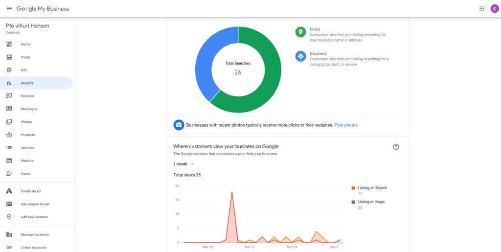 A screenshot of the Google My Business Insights dashboard, highlighting the various metrics available