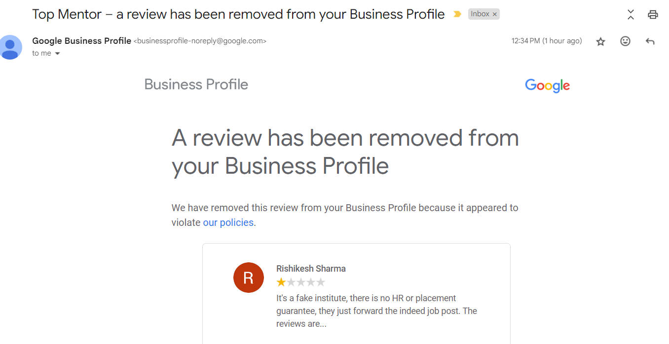 Screenshot Demonstrating how to successfully remove a fake google review for a guide on how to remove fake google reviews