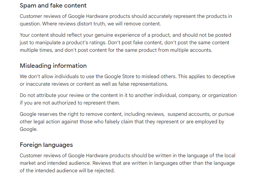 Screenshot of Google's Review Guidelines and Policies for ensuring your review is visible to the public. This specific part of the guidelines concerns misinformation or spam content.