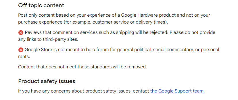 Screenshot of Google's Review Guidelines and Policies for ensuring your review is visible to the public. This specific part of the guidelines concerns off topic content.