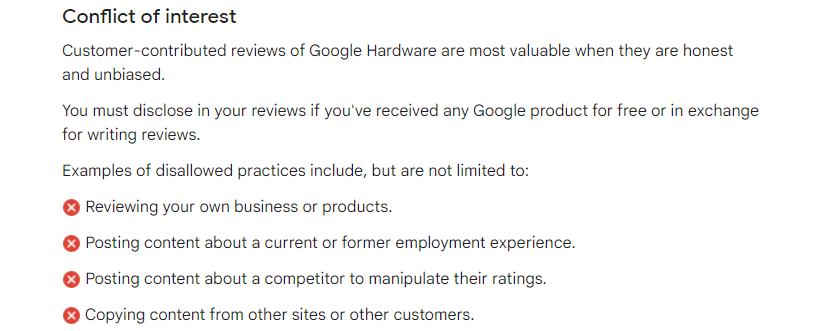 Screenshot of Google's Review Guidelines and Policies for ensuring your review is visible to the public. This specific part of the guidelines concerns conflicts of interest which could be the reason as to why Is my google review not showing up.