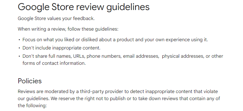 Screenshot of Google's Review Guidelines and Policies for ensuring your review is visible to the public.