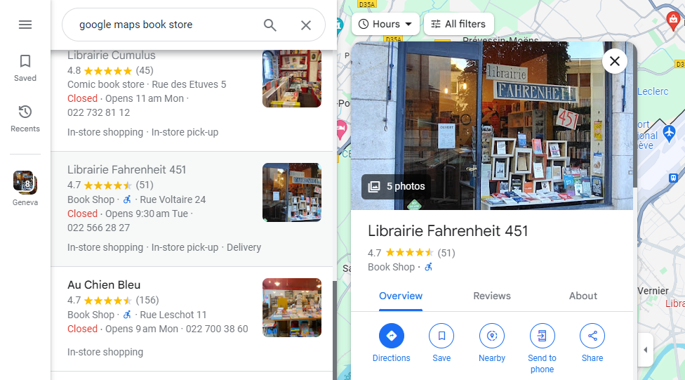 Screenshot of a Bookstore on Google Maps