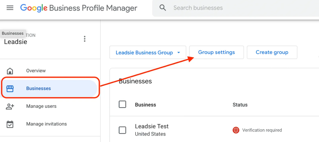 Screenshot showing how to find the group settings option for multiple business listings on your GBP Dashboard