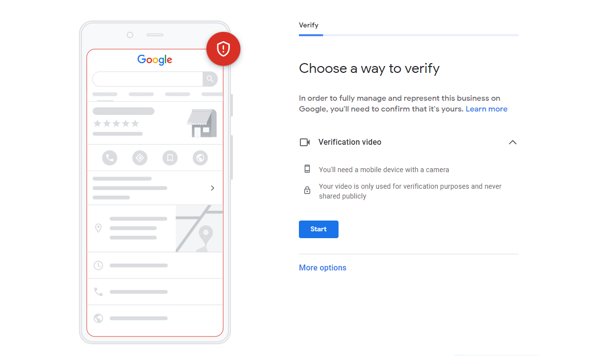 Screenshot showing how to verify google business listing using video verification