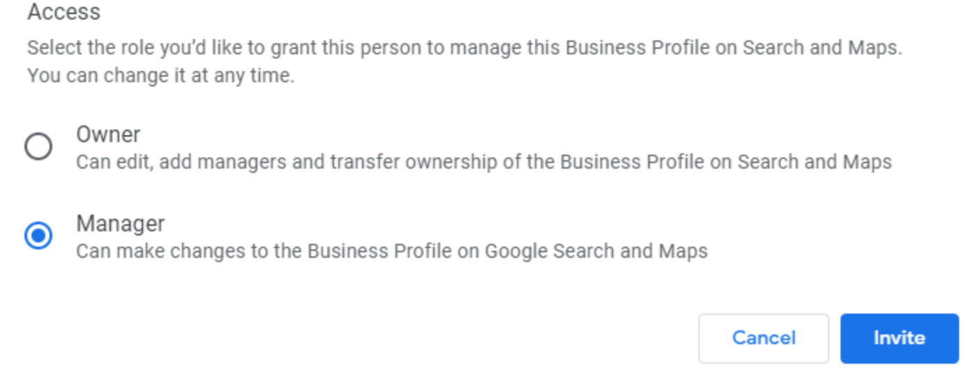 Screenshot showing that you have selected the manager role for a guide on how to add or remove managers from google business