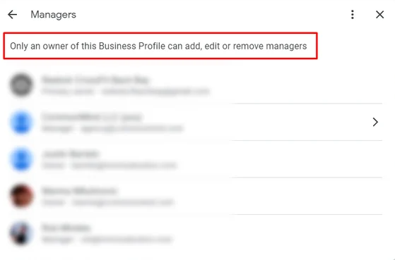 Screenshot showing the process of adding a manager account to your google business profile