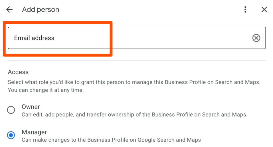 Screenshot showing the proccess of adding the email address for a guide on how to add or remove managers from google business