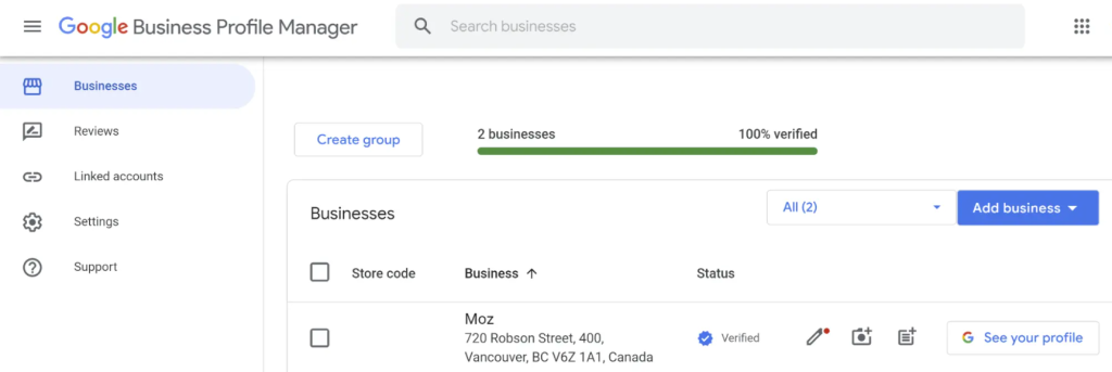 Screenshot view of all your businesses in your GBP profile manager