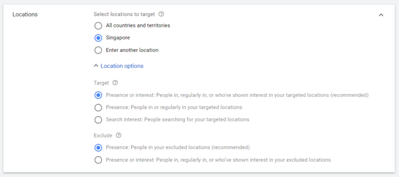 A screenshot of setting up location targeting for Google Ads