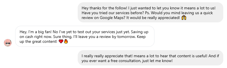 Asking social media followers to leave me reviews on google maps screenshot example