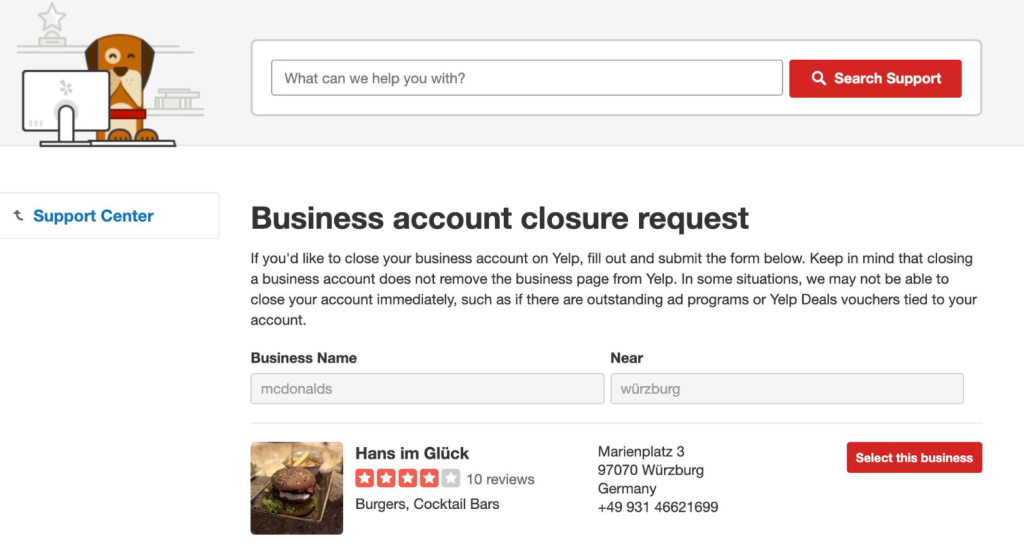 How to remove or delete a duplicate directory listing on yelp as an example screenshot