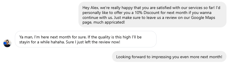 Offering a discount for a review exchange chat screenshot