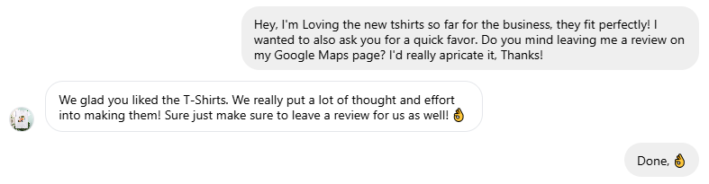 Screenshot of a chat showing how to ask for reviews
