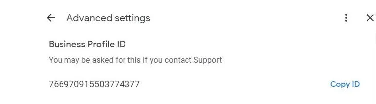 Screenshot the location showing your Google Business Profile Account ID Number location in settings