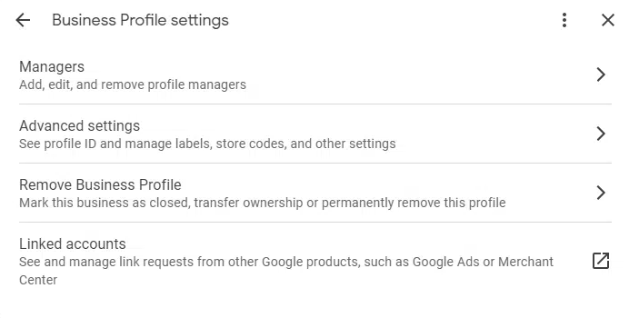 Screenshot showing your google business profile settings menu