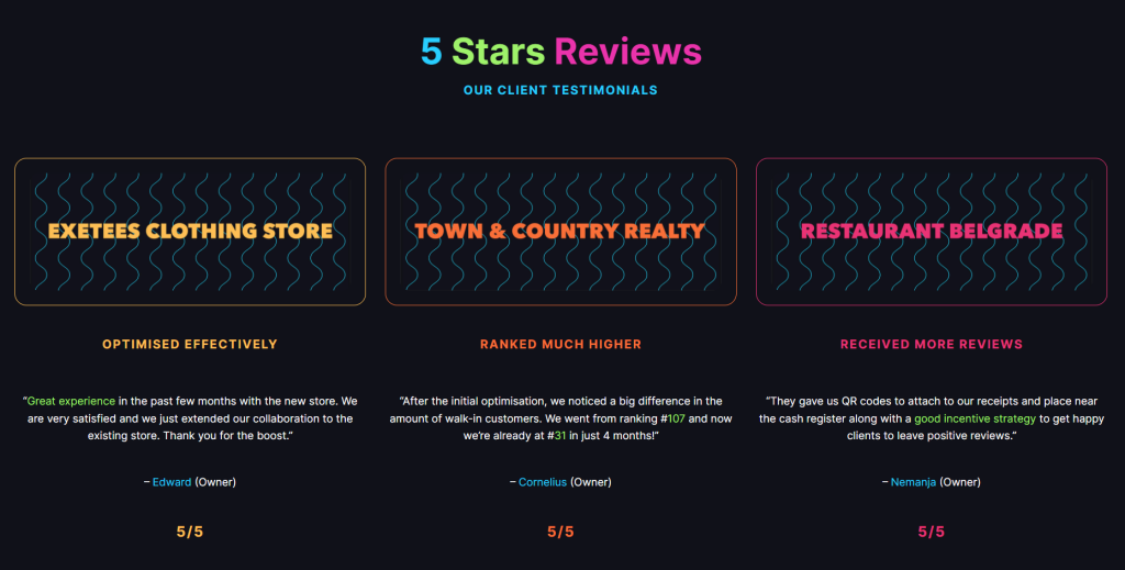 Swiss Based SEO Ranker Agency's reputation and reviews screenshot highlighting 5 star reputation