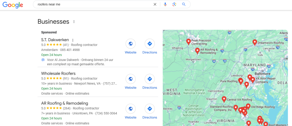 When searching for roofers near me example comparing sponsored ads and Local SEO for roofers effects on Google Maps