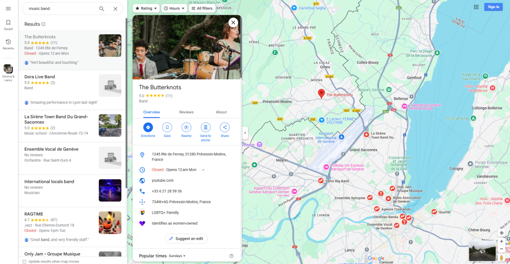 finding music bands on google maps search results
