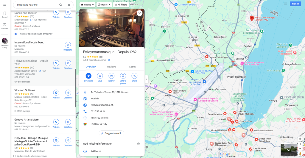 searching for musicians near me on google maps as a demonstration for a guide about when considering Should a Musician Have a Google Business Profile