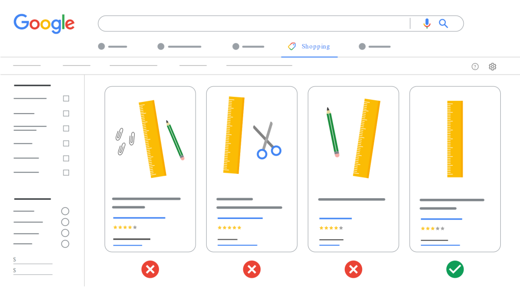 According to Google Merchant Center, also avoid using product images with other items that are not included in the product itself for Google Shopping product image sizing