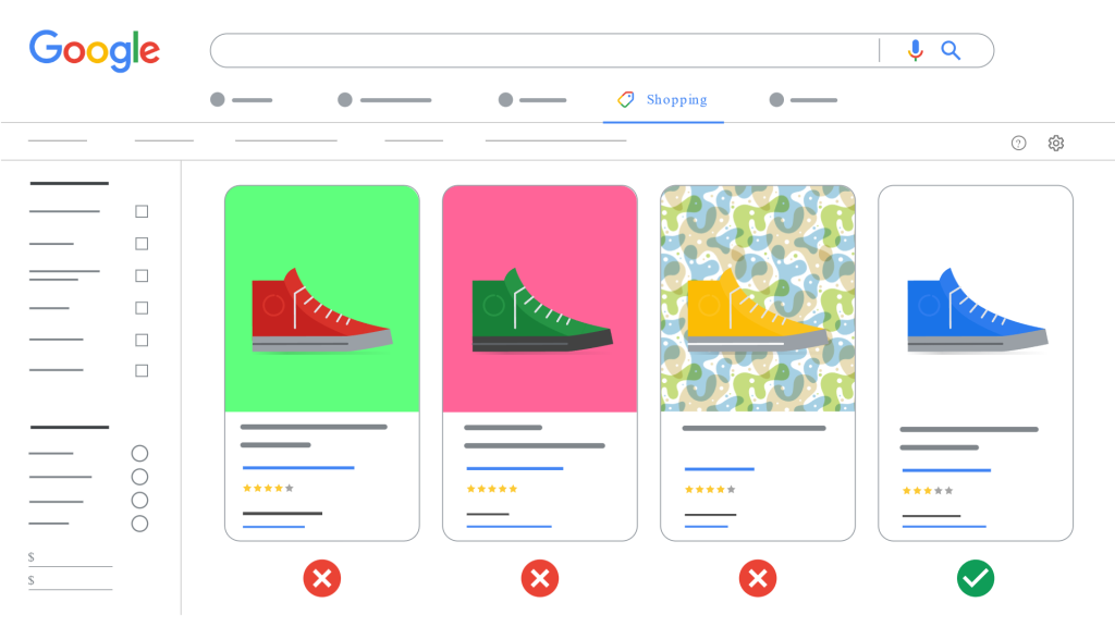 According to google's guidelines, you should avoid using product images with colored backgrounds that may obscure the product for Google Shopping product image sizing