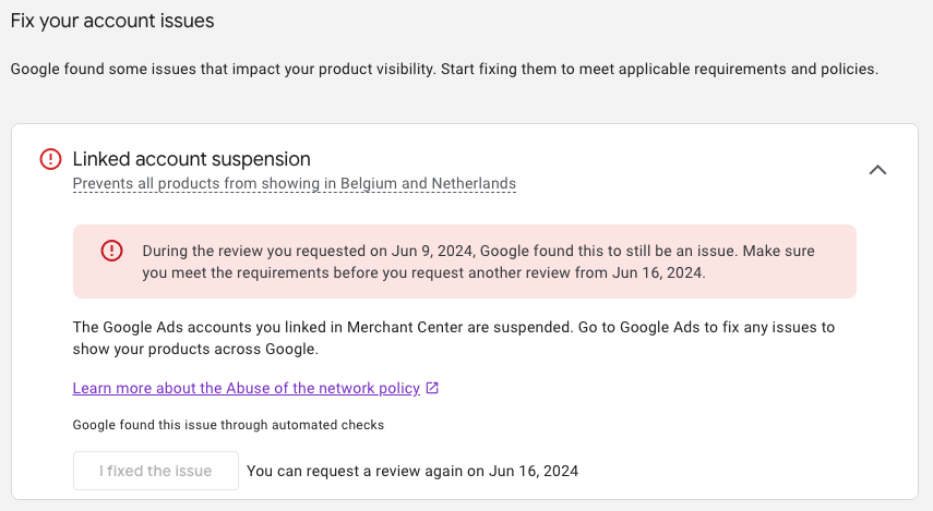 An example of a suspended Google Merchant Center Account due to a Google Ads issue