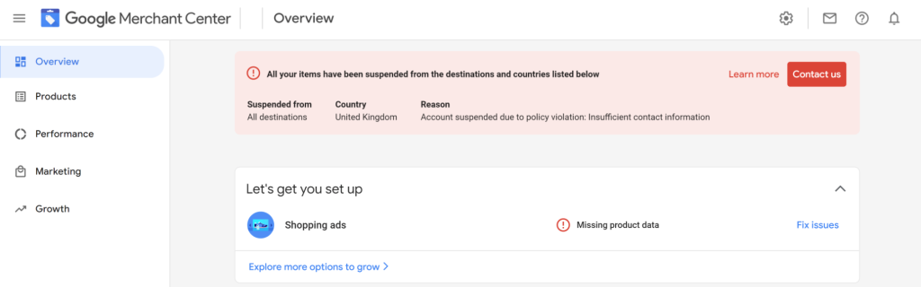 An example of a suspended Google Merchant Center Account for Google Shopping