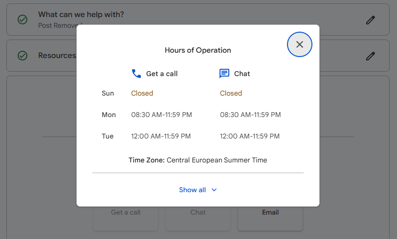 Checking the google business support live chat hours or operation