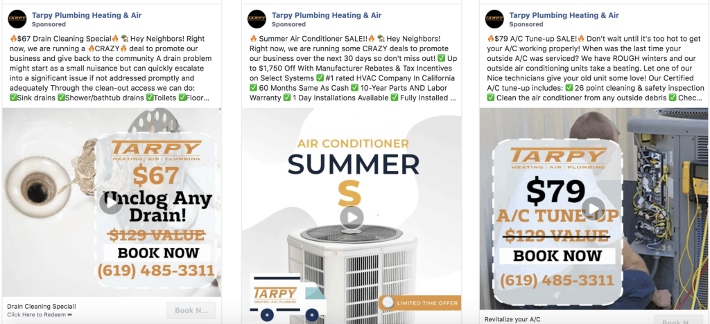 Comparing facebook ads vs local seo for plumbing businesses example screenshot of fb ads for plumbers