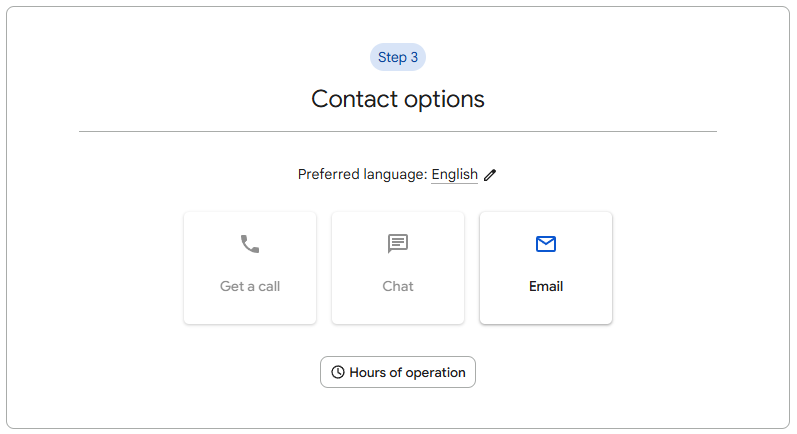 During the 3rd and final step, you will be able to see 3 options to contact GBP support