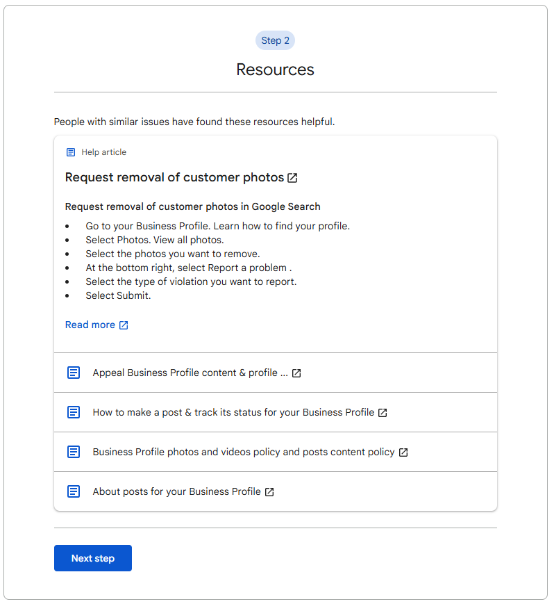 During the second step when trying to contact Google Business support live chat, also hit next and skip any recommended resources or articles from google