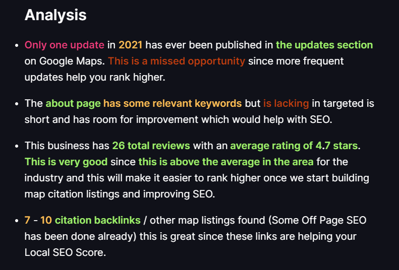 Examining your overall GBP profile health and assessing what needs to be improved and optimized in your Google Business Profile Ranking Audit demo screenshot example