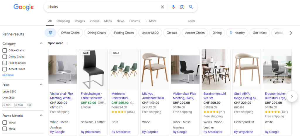 Google Merchant Center Setup guide final result screenshot to showcase how Google Shopping Displays on Google Search to encourage businesses to use Google Ads