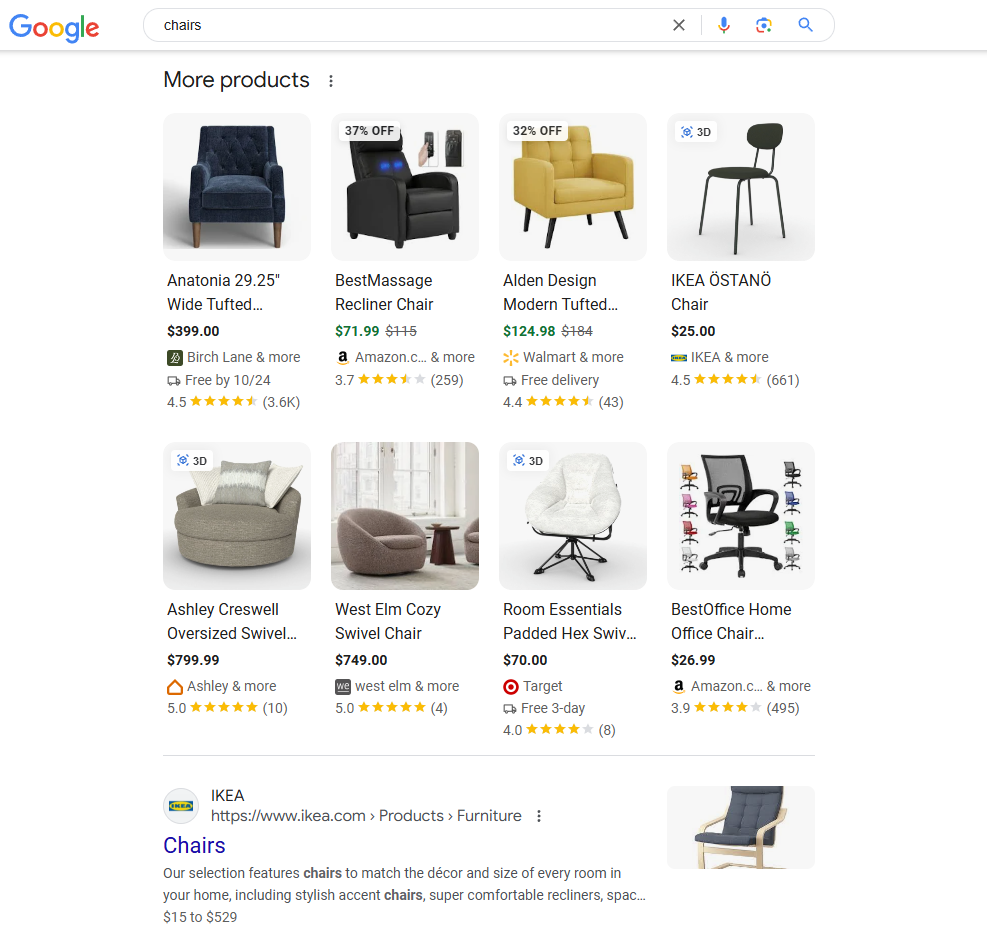 Google Shopping more products section on Google Search demonstration screenshot